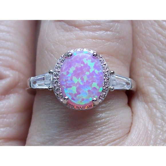 925 STERLING SILVER Lab Created Pink Opal CZ Ring - Picture 4 of 16